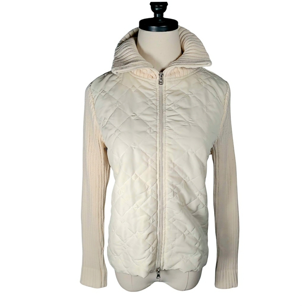 Vtg Quilted Sweater Cardigan Mockeneck Jacket Transitional Two Way Zipper Knit M